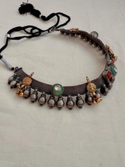 Dual tone necklace with kundan, coral and nakash motif-Silver Neckpiece-CI-House of Taamara