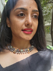 Dual tone necklace with kundan, coral and nakash motif-Silver Neckpiece-CI-House of Taamara