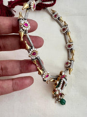 Dual tone necklace with kundan, ruby and emerald pendant-Silver Neckpiece-CI-House of Taamara