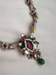 Dual tone necklace with kundan, ruby and emerald pendant-Silver Neckpiece-CI-House of Taamara
