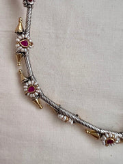 Dual tone necklace with kundan, ruby and emerald pendant-Silver Neckpiece-CI-House of Taamara