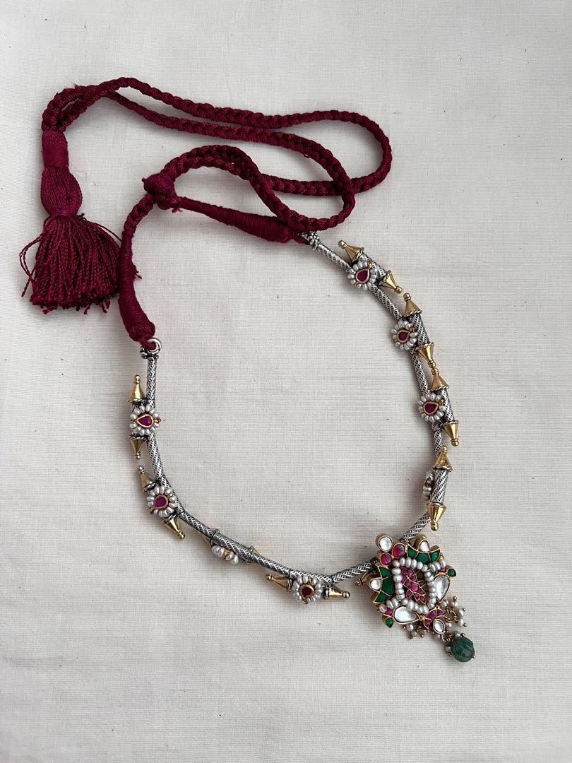 Dual tone necklace with kundan, ruby and emerald pendant-Silver Neckpiece-CI-House of Taamara