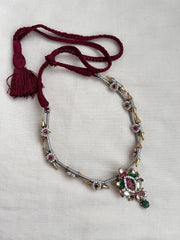 Dual tone necklace with kundan, ruby and emerald pendant-Silver Neckpiece-CI-House of Taamara