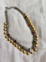Dual tone necklace with navrathana stones-Silver Neckpiece-CI-House of Taamara