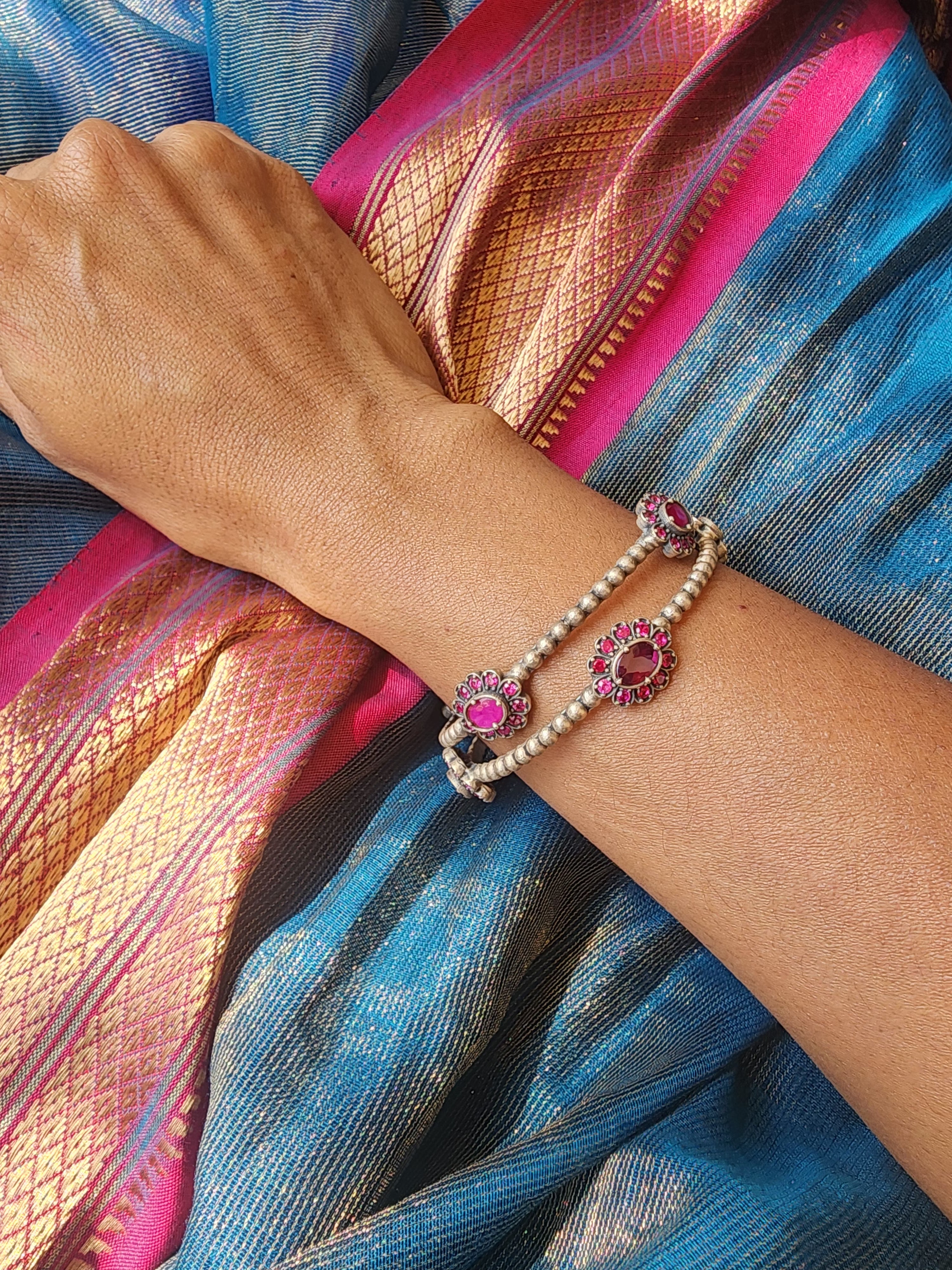 Flower kemp stone bangles, PAIR, 2.2-Silver Bracelet-CI-House of Taamara