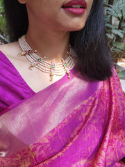 Fresh water round pearls with kundan 4 line necklace-Silver Neckpiece-PL-House of Taamara