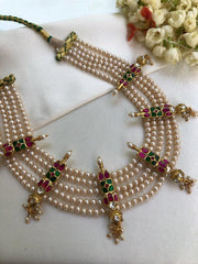 Fresh water round pearls with kundan 4 line necklace-Silver Neckpiece-PL-House of Taamara