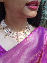 Fresh water round pearls with kundan 4 line necklace-Silver Neckpiece-PL-House of Taamara