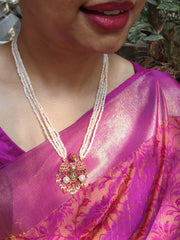 Gandeberunda kundan style pendant with pearls necklace-Silver Neckpiece-PL-House of Taamara