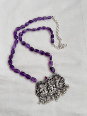 Ganesha, Lakshmi & Saraswati kemp pendant with amethyst beads chain-Silver Neckpiece-CI-House of Taamara