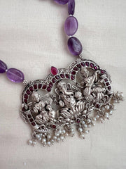 Ganesha, Lakshmi & Saraswati kemp pendant with amethyst beads chain-Silver Neckpiece-CI-House of Taamara