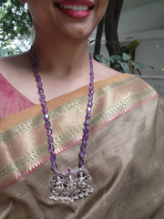 Ganesha, Lakshmi & Saraswati kemp pendant with amethyst beads chain-Silver Neckpiece-CI-House of Taamara