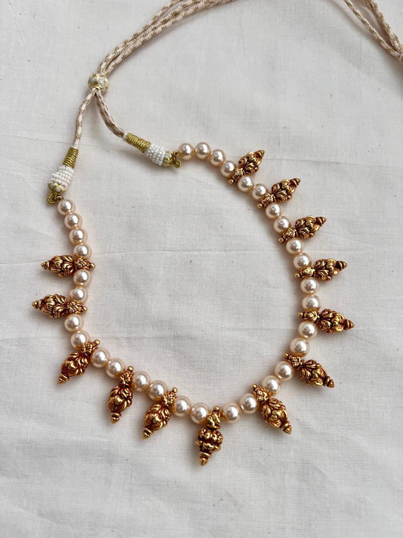 Gold polish antique style beads with pearls necklace-Silver Neckpiece-CI-House of Taamara