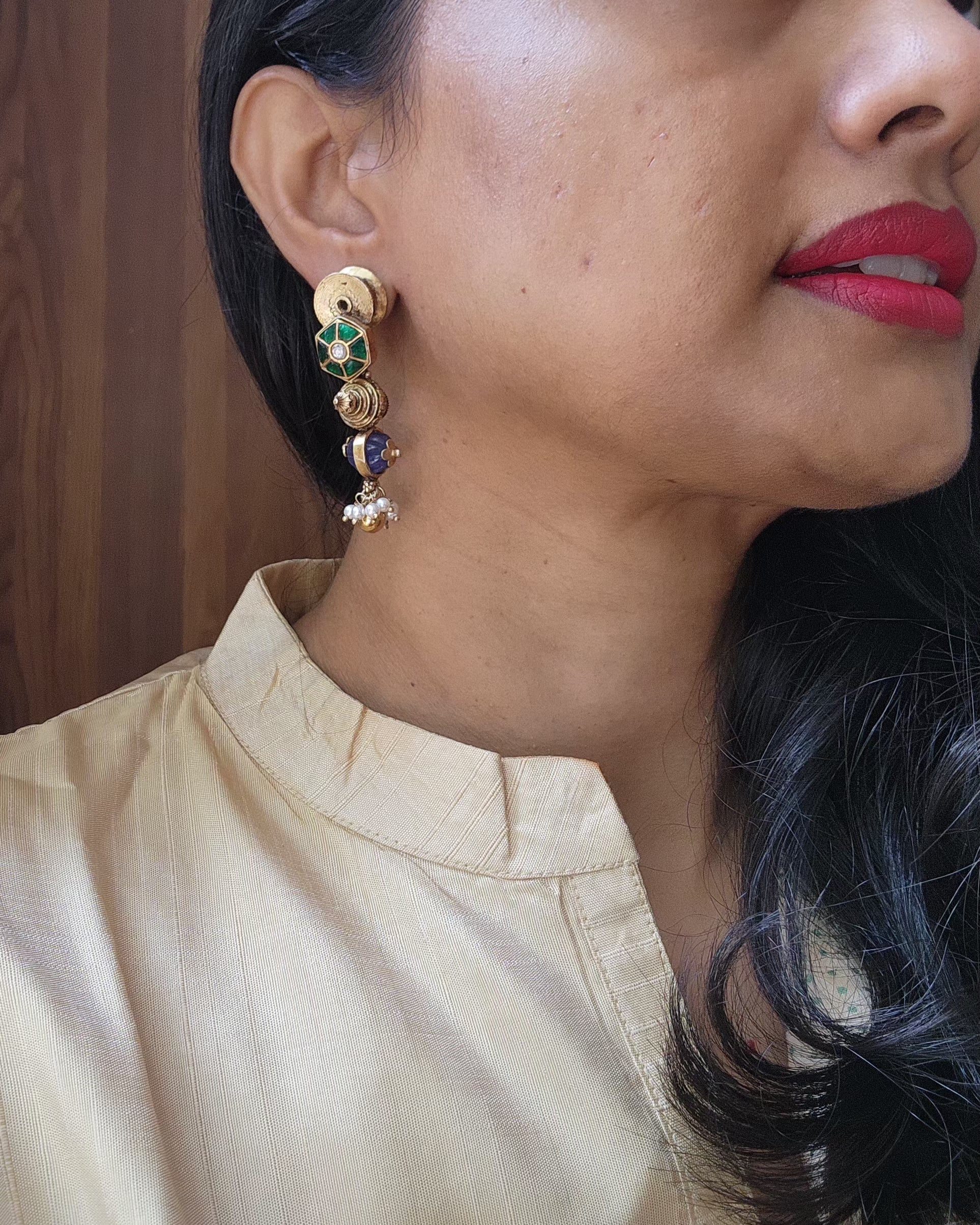 Gold polish antique style earrings with pearls-Earrings-CI-House of Taamara