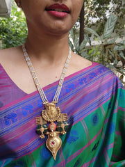 Gold polish antique style long necklace with coral & green jade natural stones-Silver Neckpiece-CI-House of Taamara