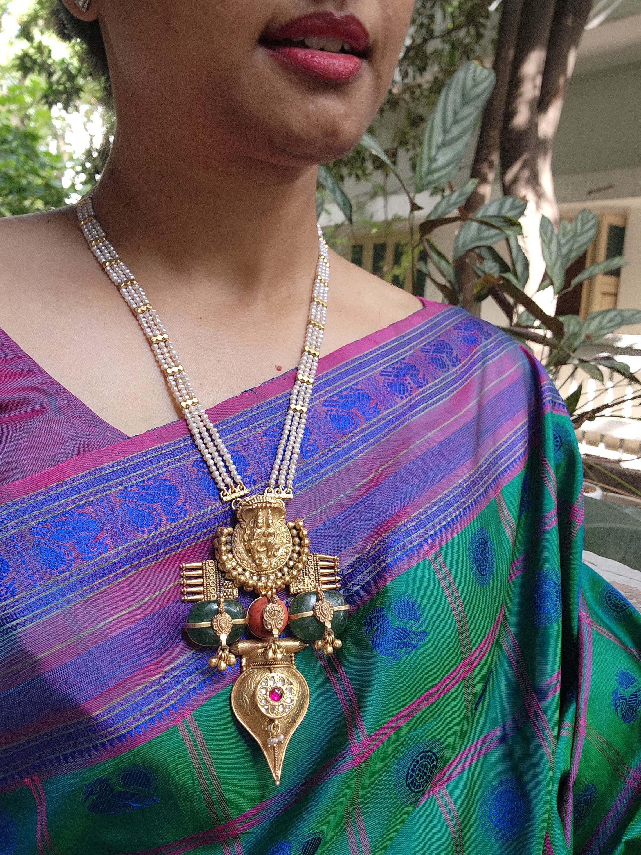 Gold polish antique style long necklace with coral & green jade natural stones-Silver Neckpiece-CI-House of Taamara