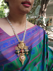 Gold polish antique style long necklace with coral & green jade natural stones-Silver Neckpiece-CI-House of Taamara