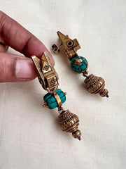 Gold polish antique tali style earrings with turquoise stone-Earrings-CI-House of Taamara