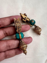 Gold polish antique tali style earrings with turquoise stone-Earrings-CI-House of Taamara