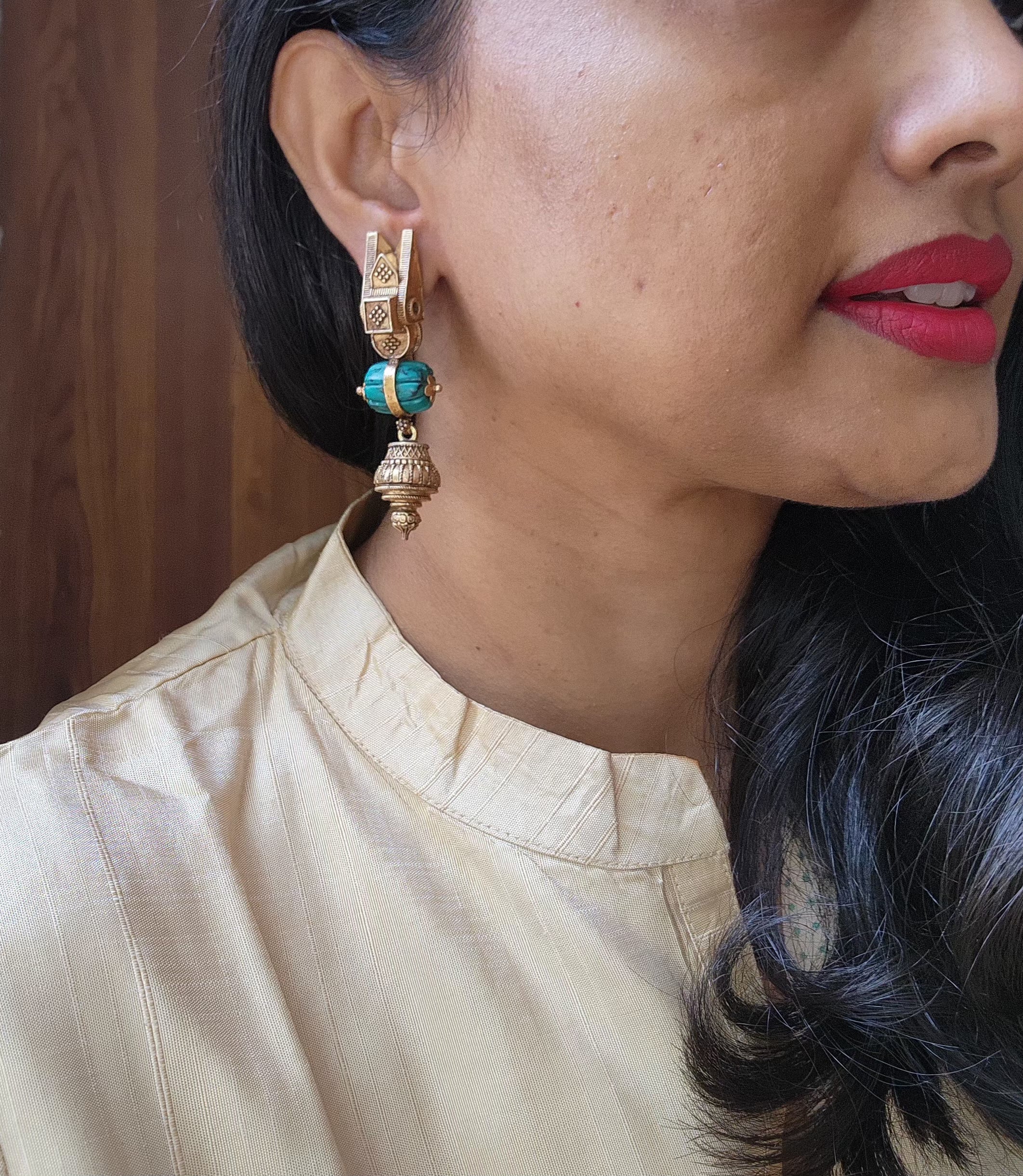 Gold polish antique tali style earrings with turquoise stone-Earrings-CI-House of Taamara