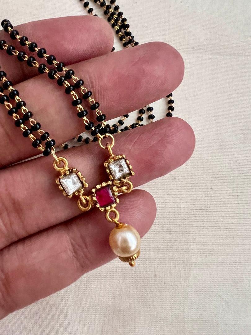 Gold polish black bead mangalsutra/tali style pendant chain-Silver Neckpiece-CI-House of Taamara