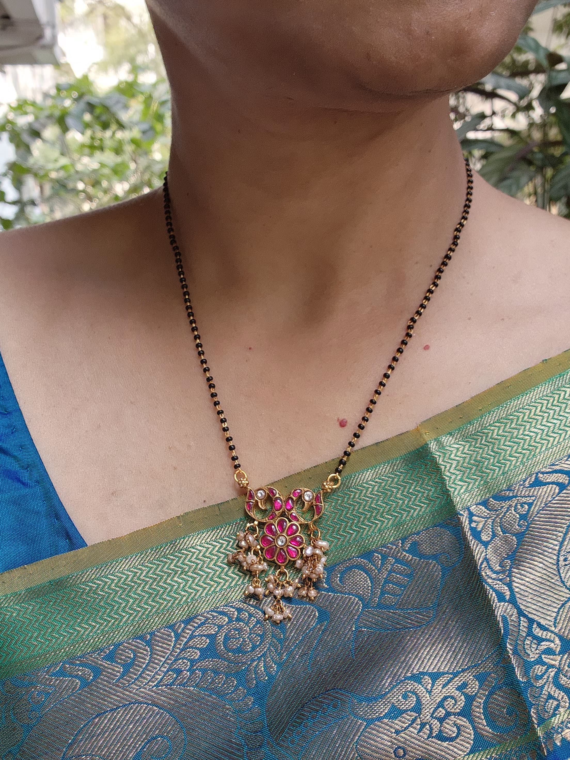 Gold polish black bead mangalsutra/tali style pendant chain-Silver Neckpiece-CI-House of Taamara