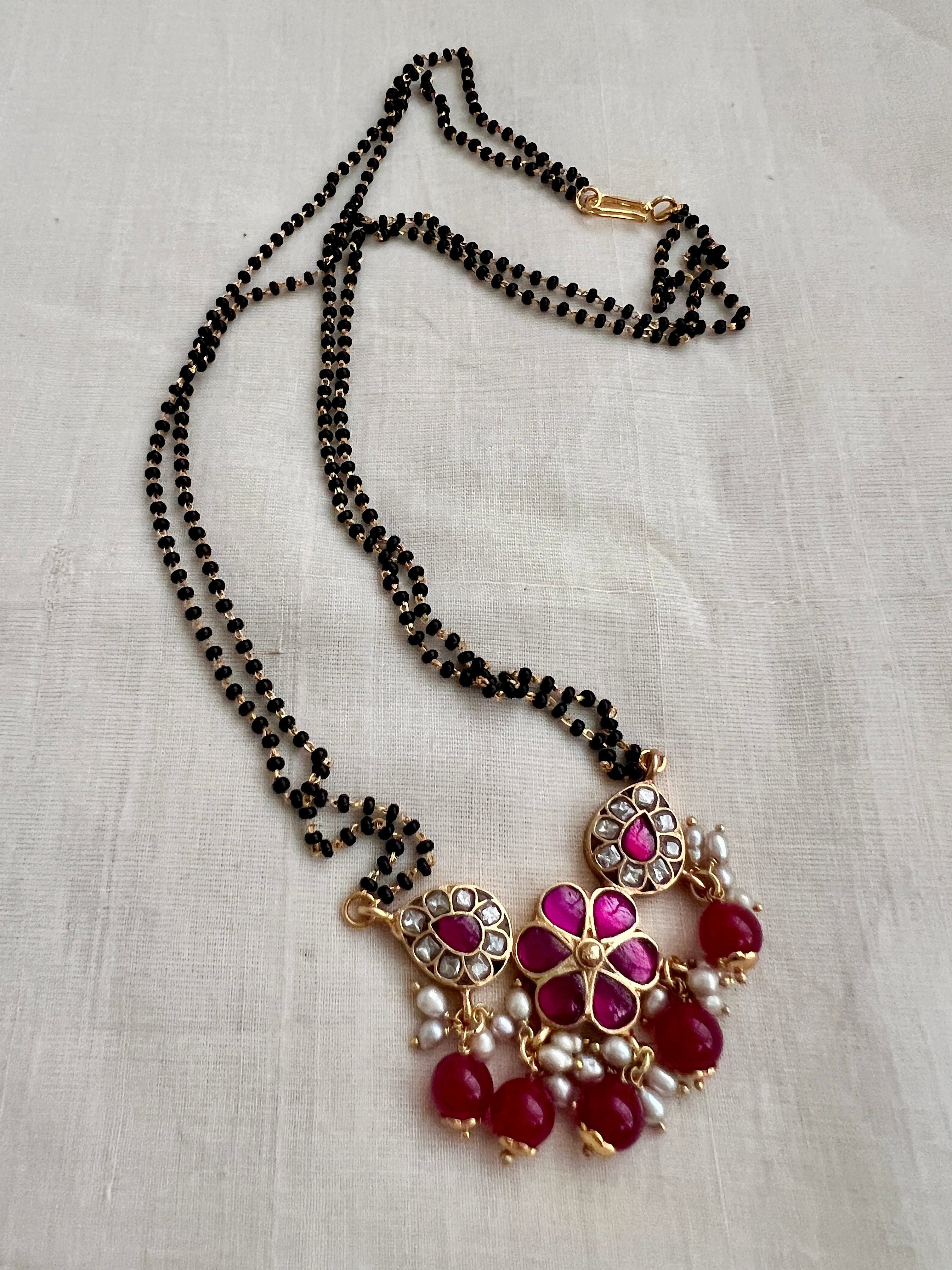 Gold polish black bead mangalsutra/thali style long chain-Silver Neckpiece-CI-House of Taamara