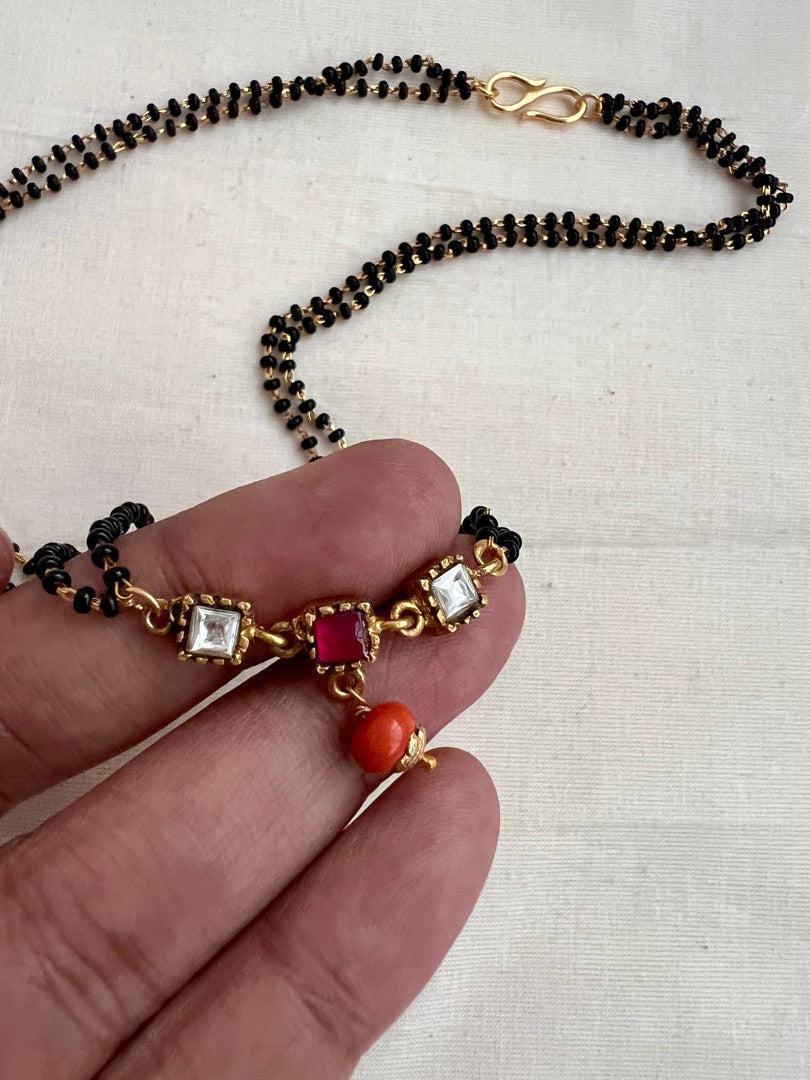 Gold polish black bead mangalsutra/thali style pendant chain-Silver Neckpiece-CI-House of Taamara