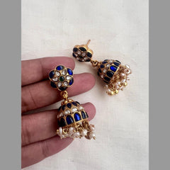 Gold polish blue kundan jhumkas with pearls-Earrings-CI-House of Taamara