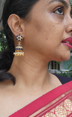 Gold polish blue kundan jhumkas with pearls-Earrings-CI-House of Taamara