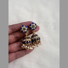 Gold polish blue kundan jhumkas with pearls-Earrings-CI-House of Taamara