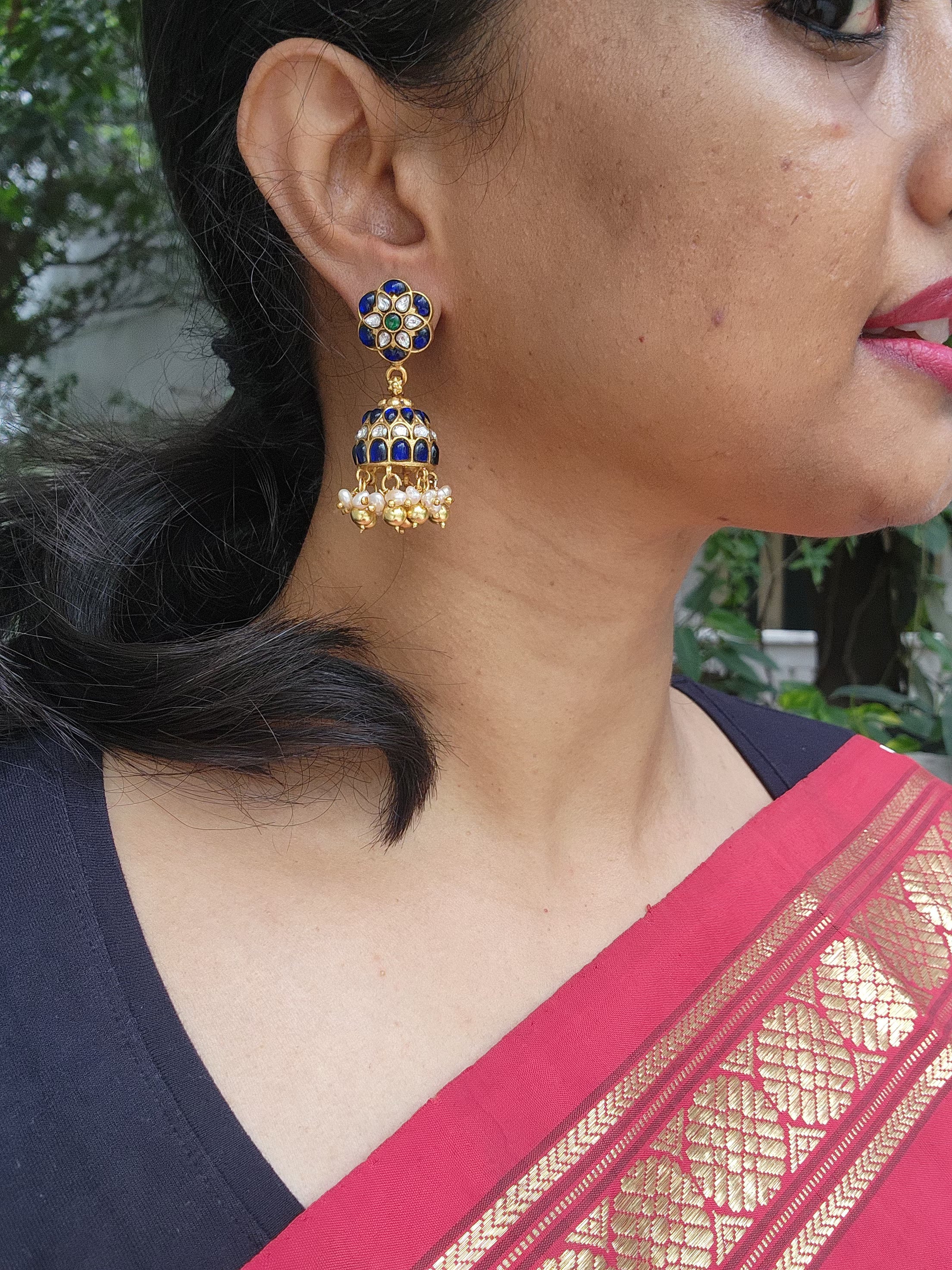 Gold polish blue kundan jhumkas with pearls-Earrings-CI-House of Taamara