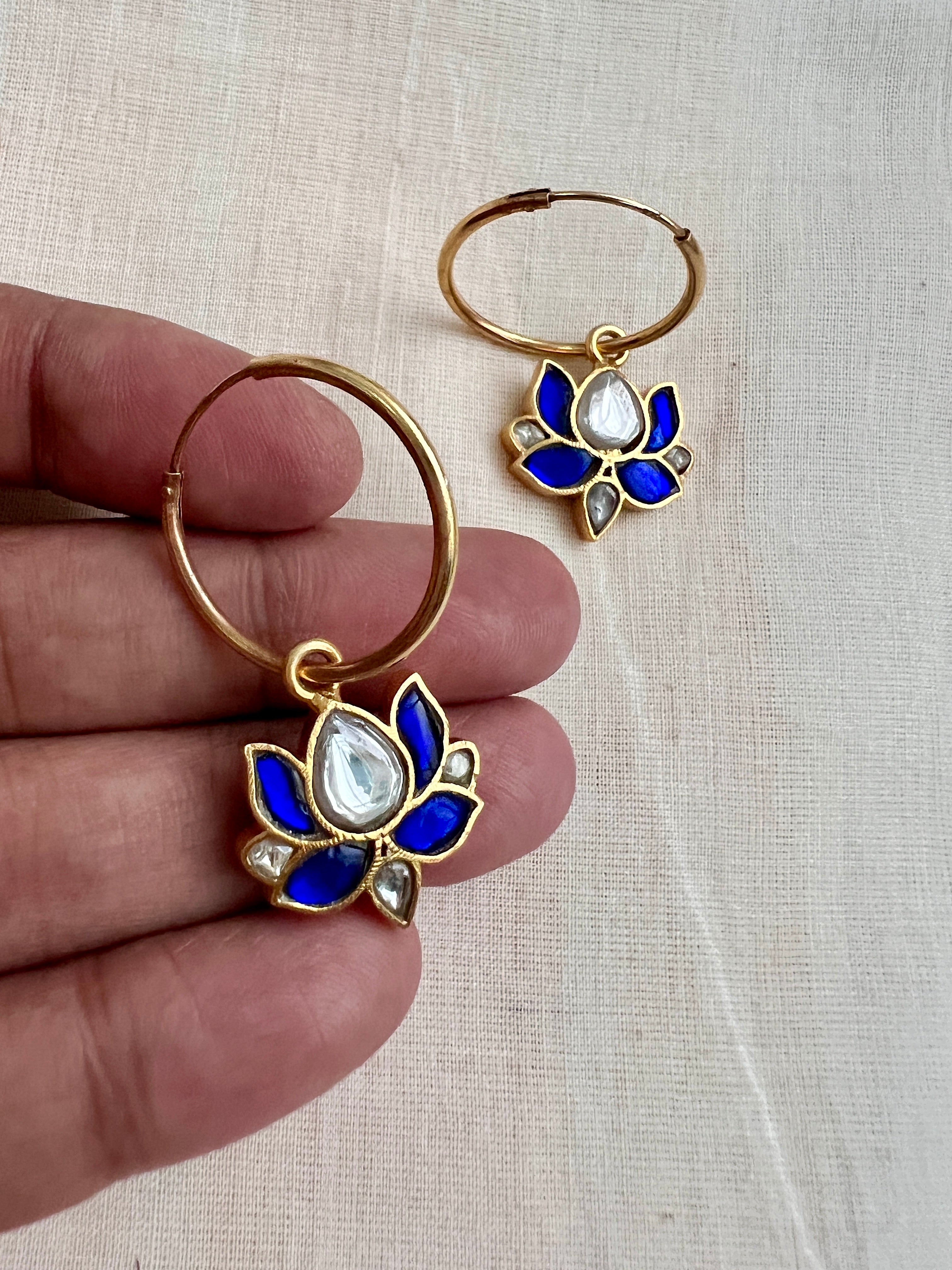 Gold polish blue kundan loop earrings-Earrings-CI-House of Taamara