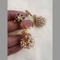 Gold polish blue kundan with bird hangings & pearls-Earrings-CI-House of Taamara