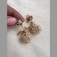 Gold polish blue kundan with bird hangings & pearls-Earrings-CI-House of Taamara