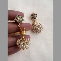 Gold polish blue kundan with bird hangings & pearls-Earrings-CI-House of Taamara