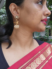 Gold polish blue kundan with bird hangings & pearls-Earrings-CI-House of Taamara