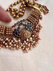 Gold polish blue & pink kemp stone pendant with gold beads chain-Silver Neckpiece-CI-House of Taamara