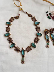 Gold polish blue stone and elephant motif necklace with earrings, SET-Silver Neckpiece-CI-House of Taamara