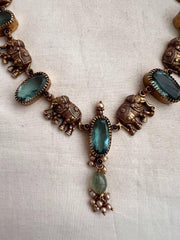 Gold polish blue stone and elephant motif necklace with earrings, SET-Silver Neckpiece-CI-House of Taamara