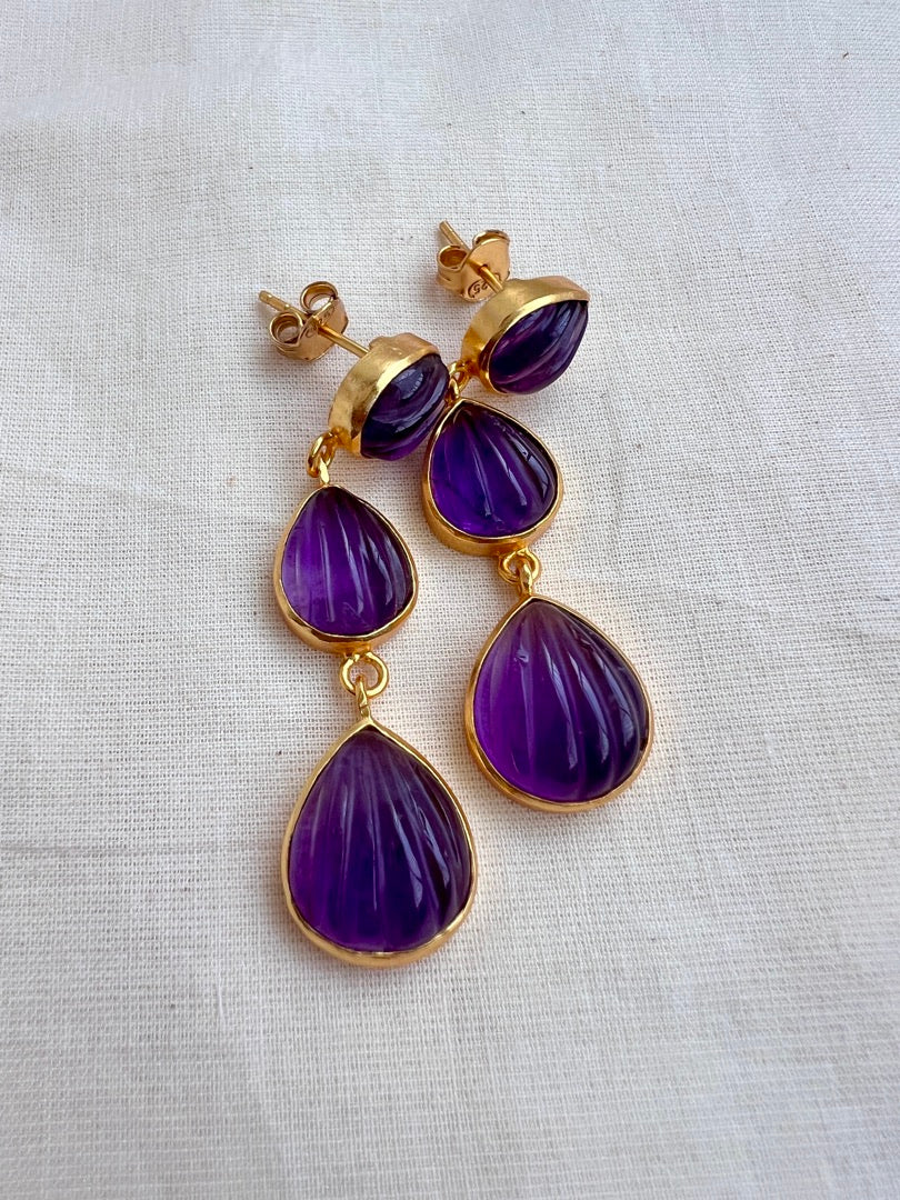 Gold polish carved amethyst hangings-Earrings-CI-House of Taamara