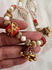 Gold polish coral bead stringed with pearls & ruby beads-Silver Neckpiece-CI-House of Taamara