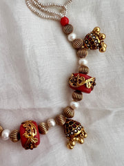Gold polish coral bead stringed with pearls & ruby beads-Silver Neckpiece-CI-House of Taamara