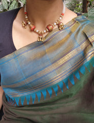 Gold polish coral bead stringed with pearls & ruby beads-Silver Neckpiece-CI-House of Taamara