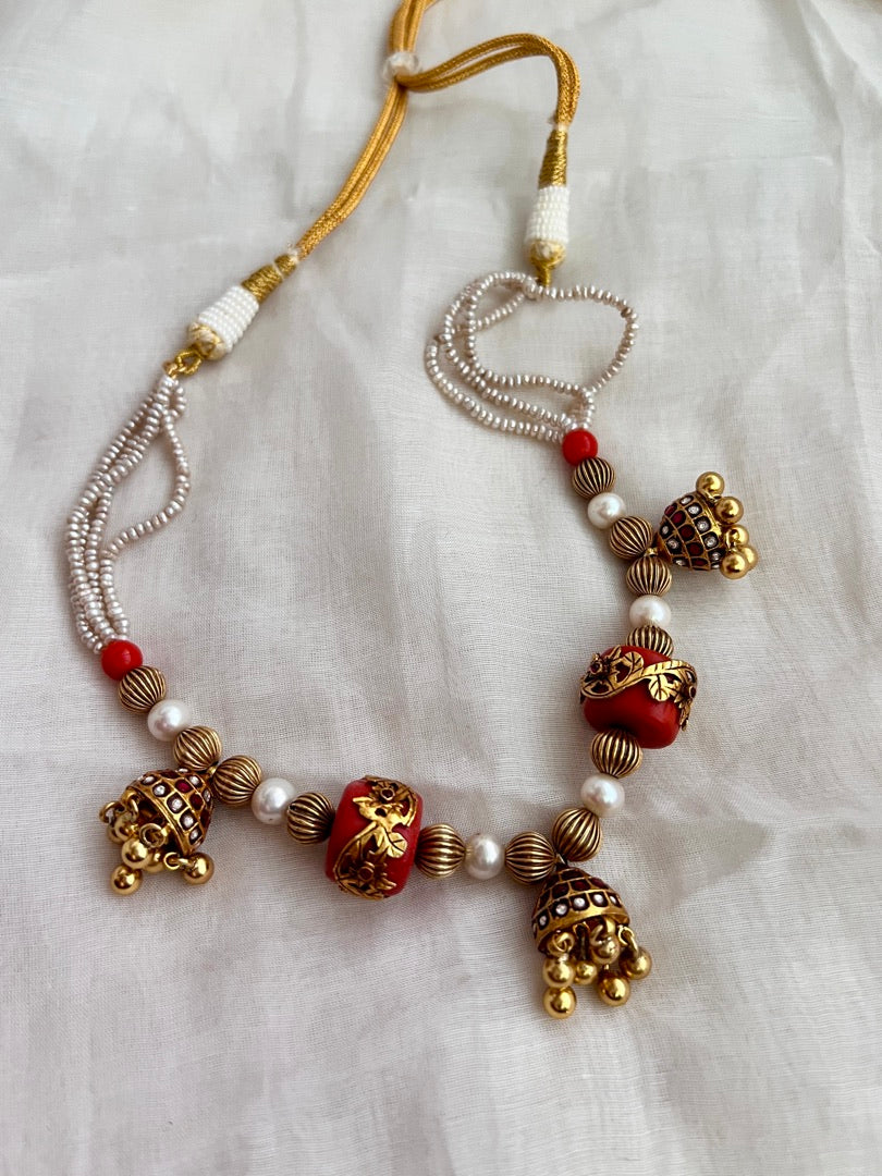 Gold polish coral bead stringed with pearls & ruby beads-Silver Neckpiece-CI-House of Taamara
