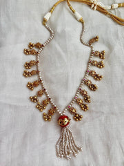 Gold polish coral beads stringed with pearls & gold nakshi motifs-Silver Neckpiece-CI-House of Taamara