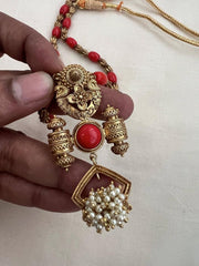 Gold polish coral pendant with nakash beads & coral chain-Silver Neckpiece-CI-House of Taamara