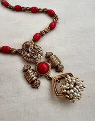 Gold polish coral pendant with nakash beads & coral chain-Silver Neckpiece-CI-House of Taamara