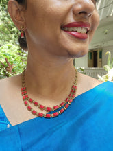 Gold polish coral step necklace set with earrings, SET-Silver Neckpiece-CI-House of Taamara