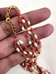 Gold polish corals & pearls chain-Silver Neckpiece-CI-House of Taamara